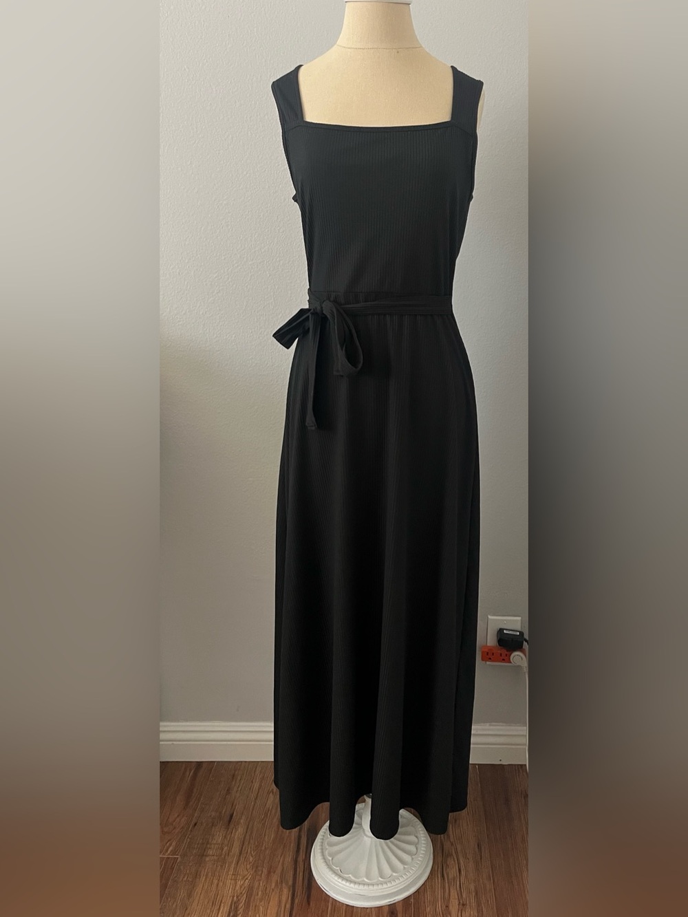 Luna Y Sol Black Ribbed Maxi Dress with Tie Waist
